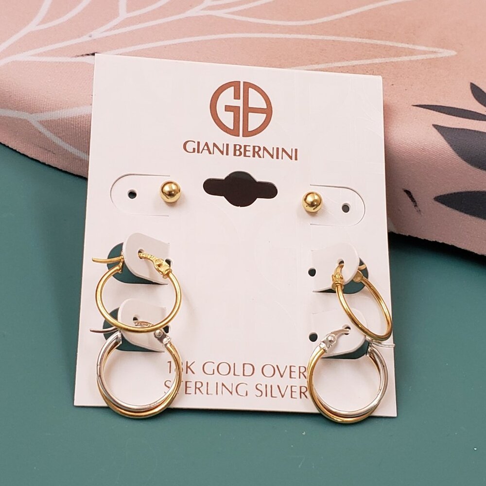 Giani Bernini, NWT, 18K Gold sterling silver 3 prs hoop stud pierced earrings